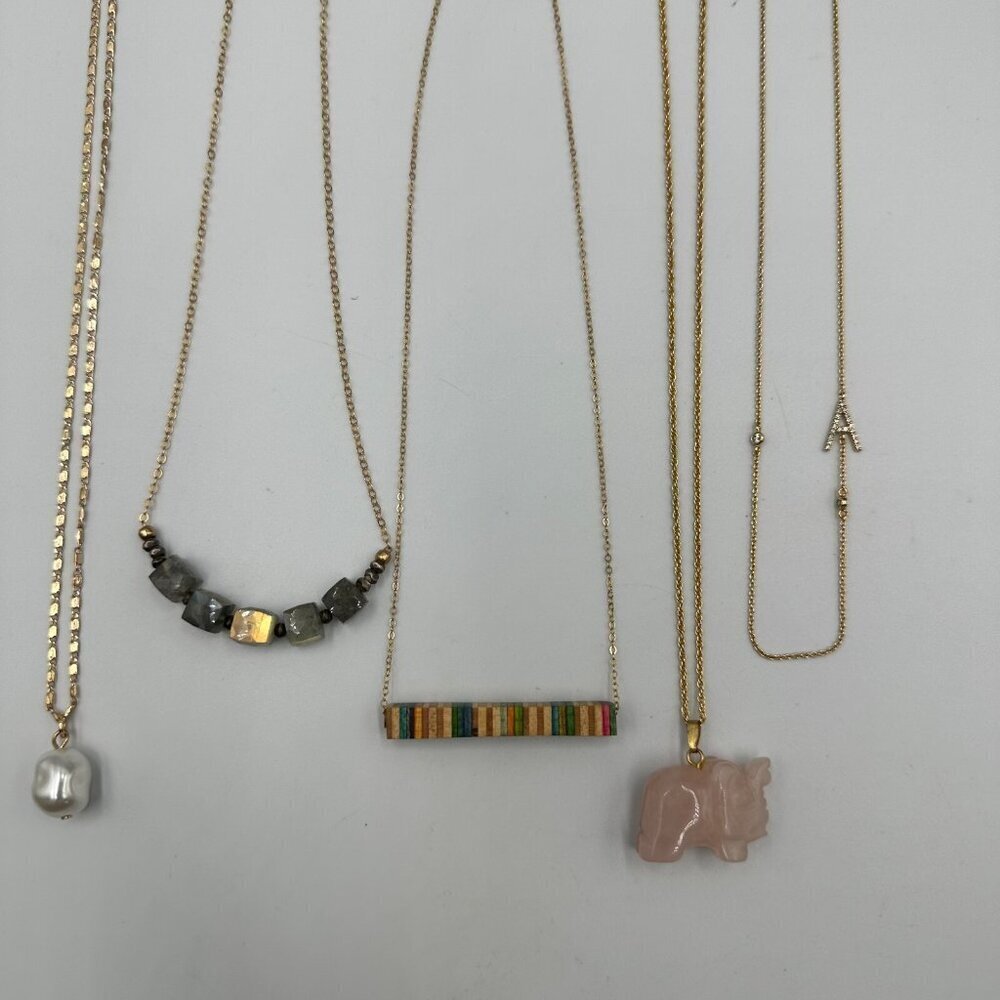 Pendant Necklace Lot Gold Tone Mixed Styles Dainty Faux Pearl Pink Elephant